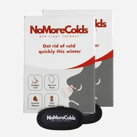 NoMoreColds Red Light Therapy bundle with two boxes and device. Packaging text: ‘Get rid of cold quickly this winter.’ Key benefits shown: Goodbye Cold, Stop sore throat, Increases defenses, Long battery
