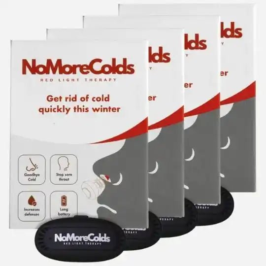 NoMoreColds Red Light Therapy 4-pack bundle with device. Packaging highlights: Goodbye Cold, Stop sore throat, Increases defenses, Long battery. Text on box: ‘Get rid of cold quickly this winter