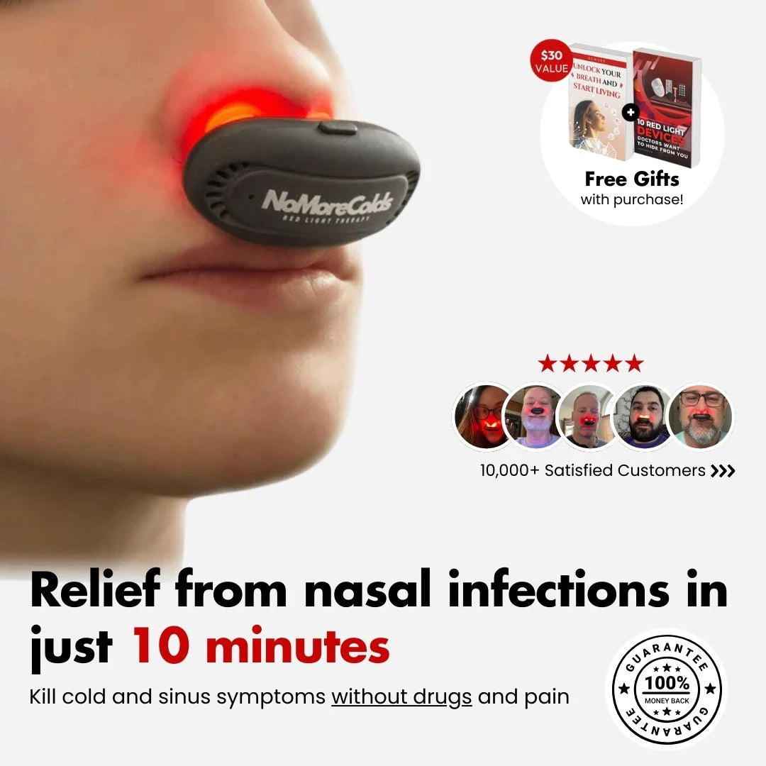 Woman using NoMore® Colds red light therapy device inserted in the nose for sinus and cold relief in just 10 minutes — drug-free treatment with customer reviews and free gifts highlighted