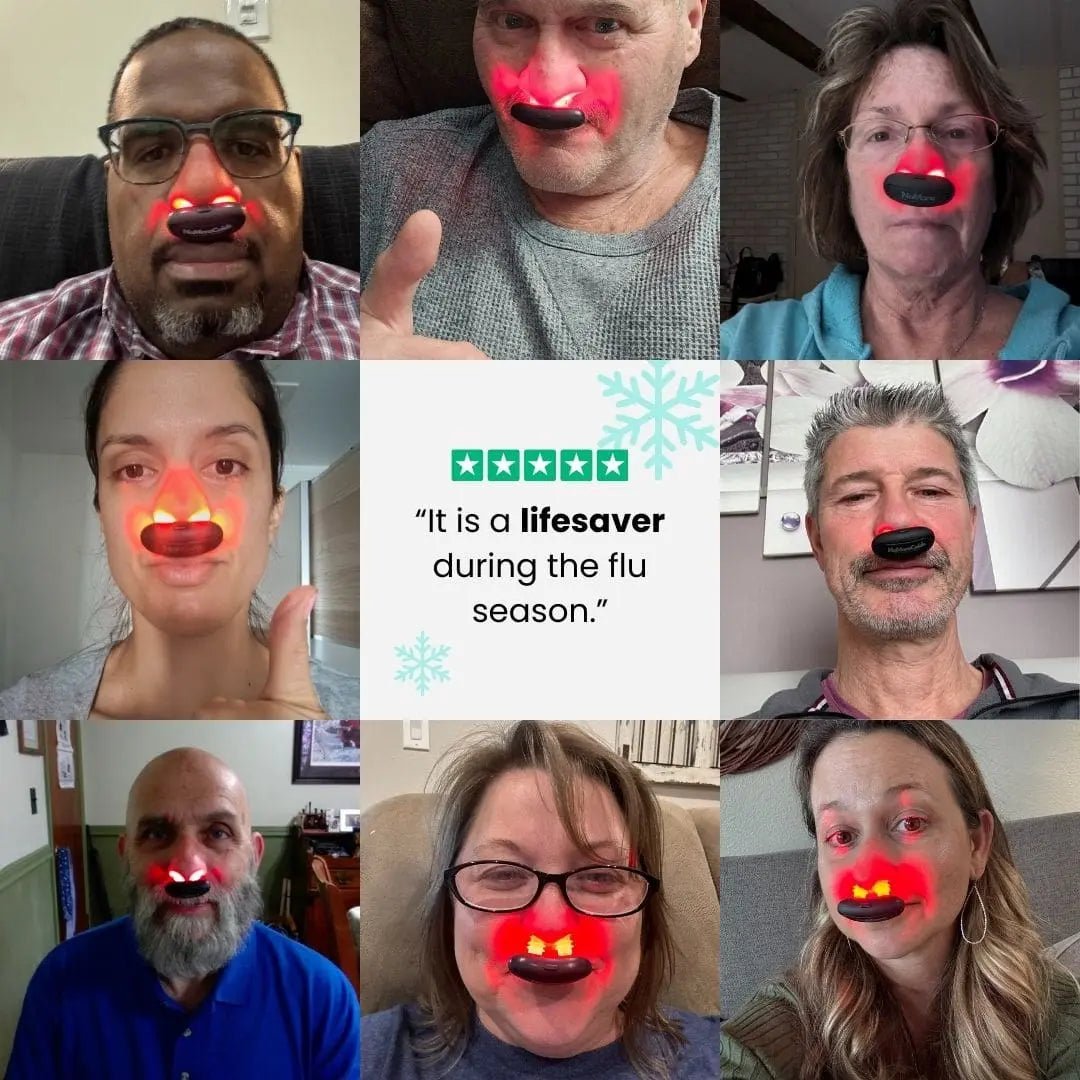 Collage of satisfied customers using NoMore® Colds red light nasal therapy device for sinus and flu relief, with five-star review calling it a lifesaver during flu season