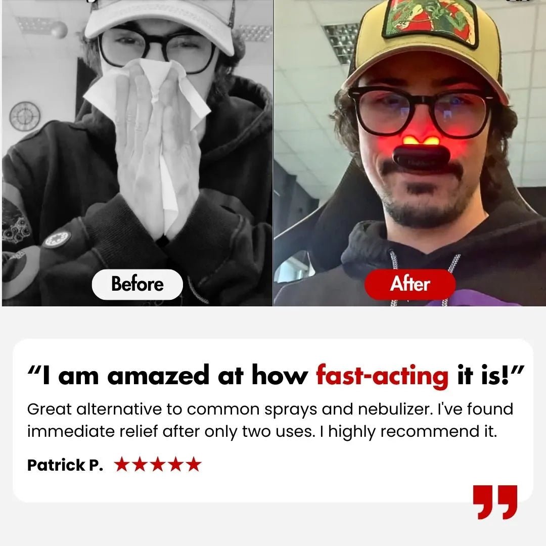 Before and after results with NoMore® Colds red light nasal therapy device showing customer relief from congestion, featuring testimonial about fast-acting sinus relief
