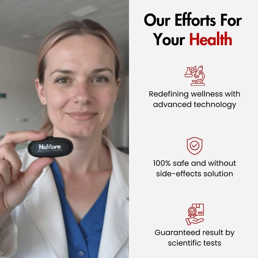 Female doctor holding NoMore® red light therapy device. Text reads: Our efforts for your health — redefining wellness with advanced technology, 100% safe and without side effects, guaranteed results by scientific tests