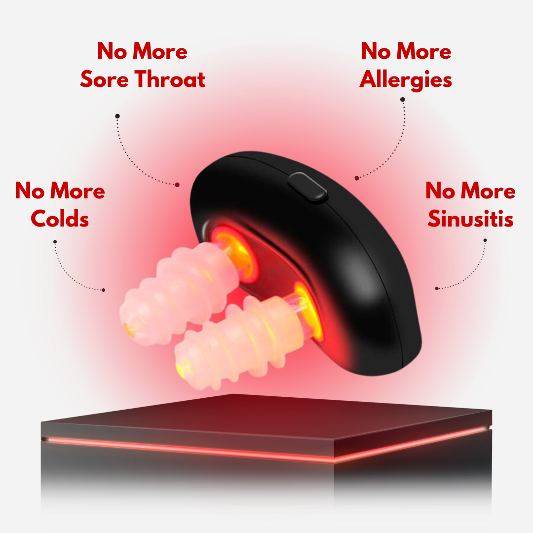 NoMore® Colds red light therapy device with glowing nasal adapters, offering relief from sore throat, colds, allergies, and sinusitis