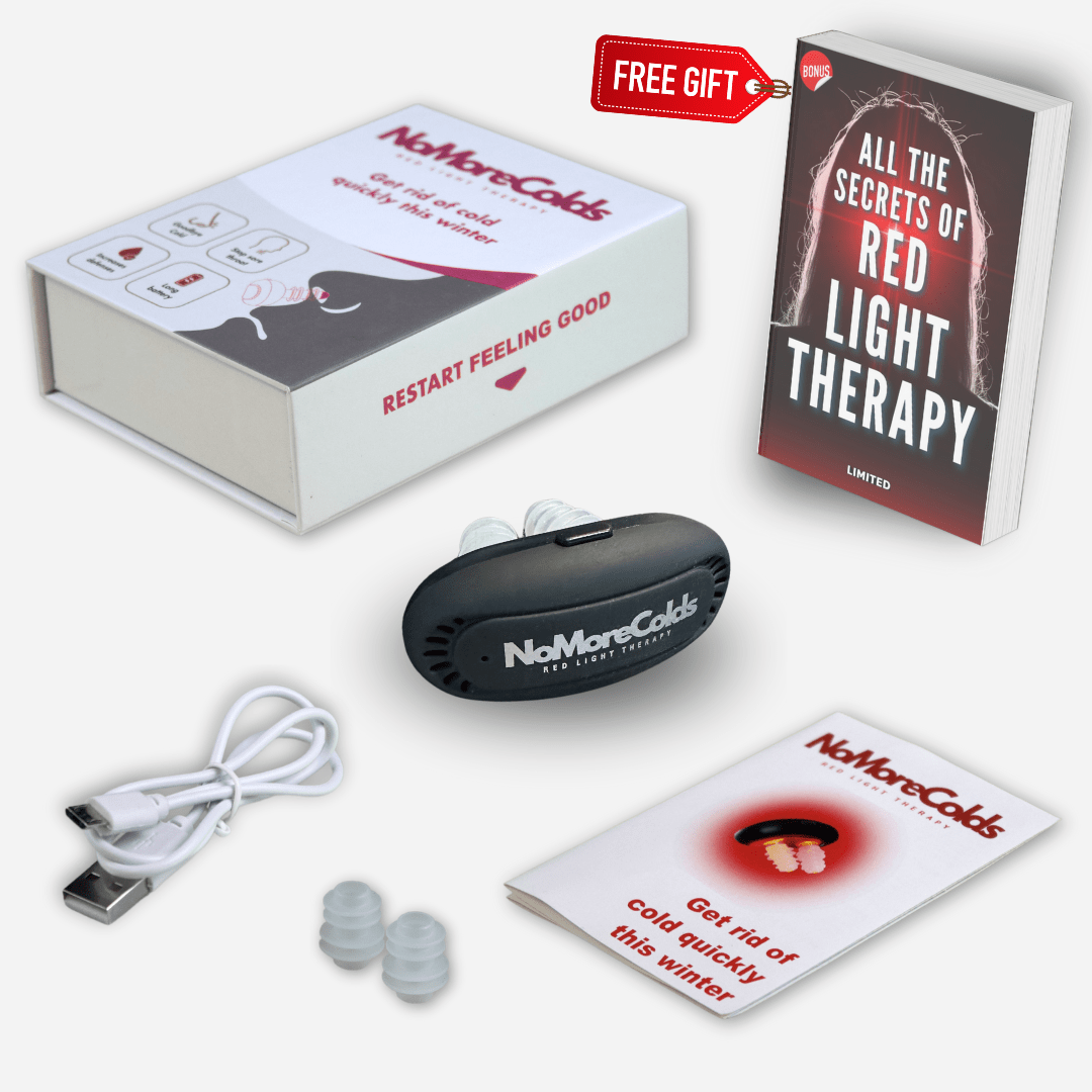 NoMore® Colds device package contents: device with nasal pads, premium box, user manual, USB charging cable, replacement pads, and free gift e-book ‘All the Secrets of Red Light Therapy’