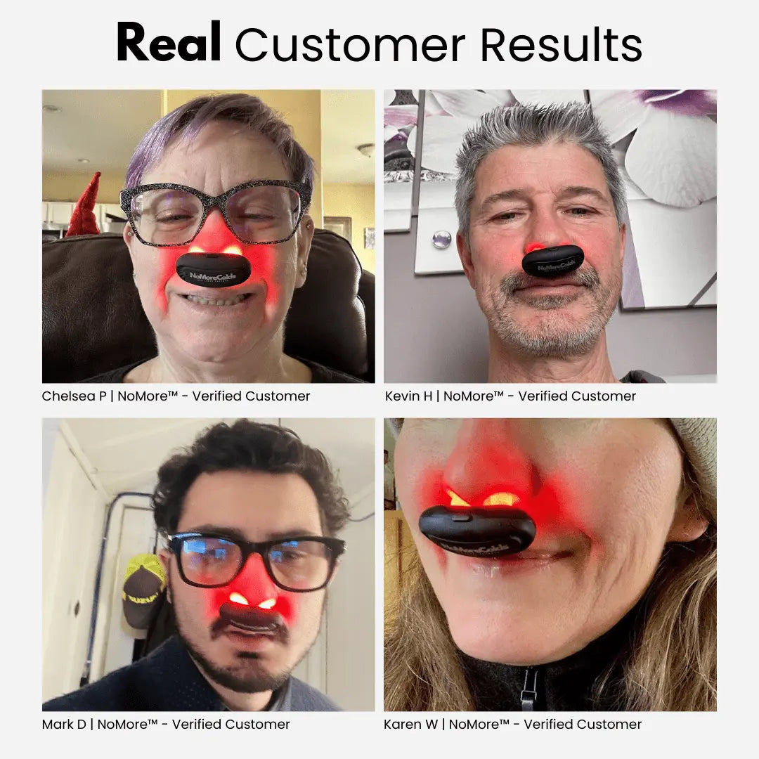 Real customer results with NoMore® Colds red light nasal therapy device shown in a collage of verified buyers using it for sinus relief and flu prevention