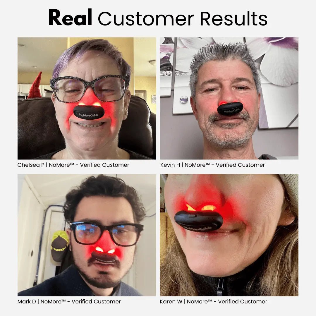 Real customer results with NoMore® Colds red light nasal therapy device shown in a collage of verified buyers using it for sinus relief and flu prevention