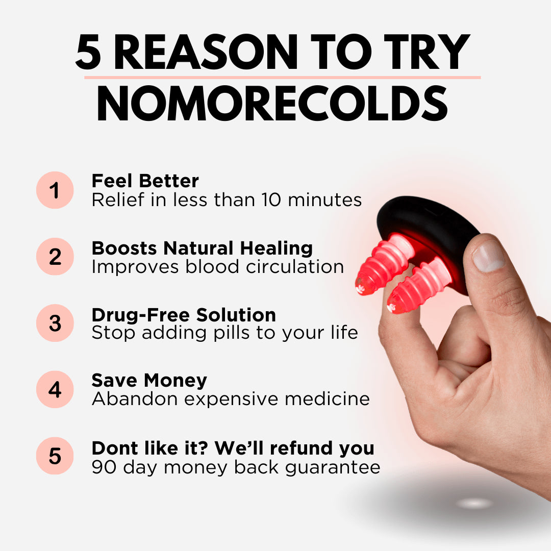 Five reasons to try NoMore® Colds red light nasal therapy device: fast relief in under 10 minutes, boosts natural healing, drug-free solution, saves money, and 90-day money back guarantee