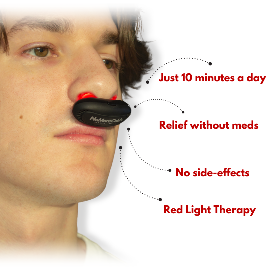 Man using NoMoreColds red light therapy device for natural relief from cold symptoms, congestion, and cough in just 10 minutes a day