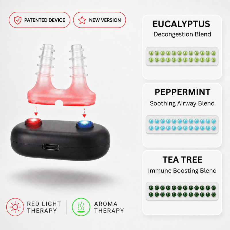 Multirelief device with red light therapy and eucalyptus, peppermint, and tea tree aroma blends