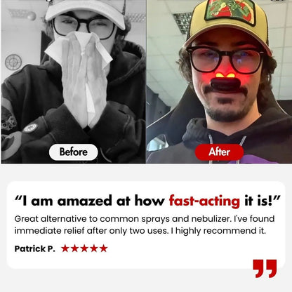 Before and after results with NoMore® Colds red light nasal therapy device showing customer relief from congestion, featuring testimonial about fast-acting sinus relief